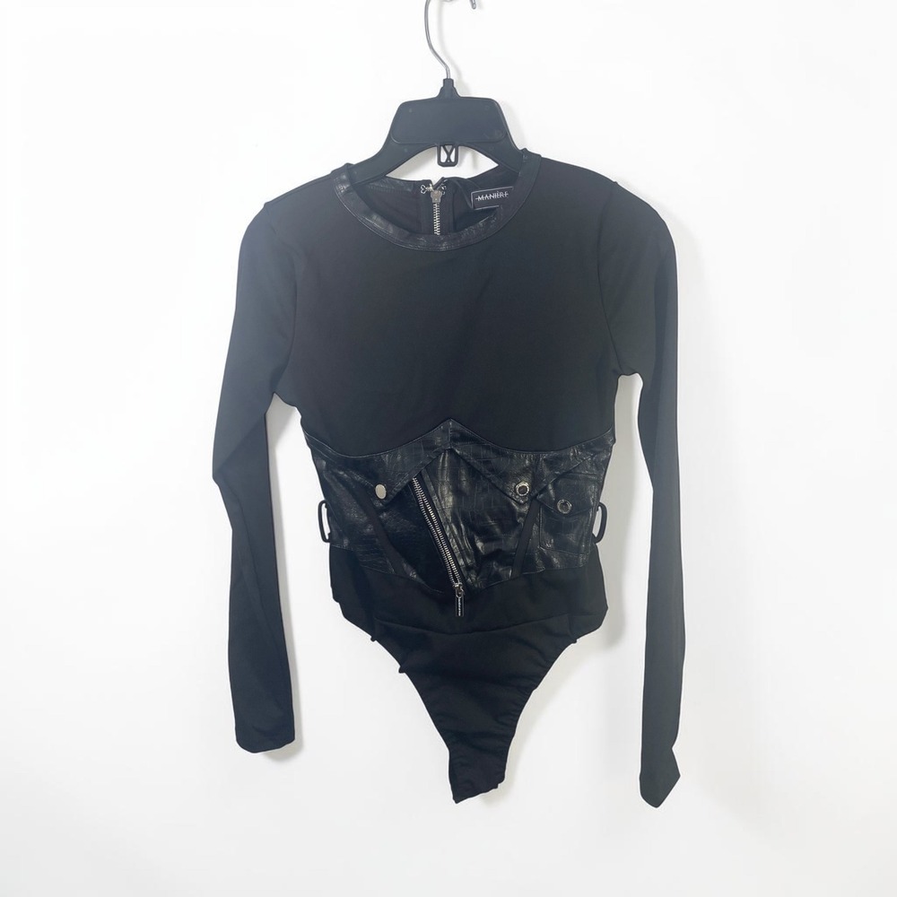 Maniere De Voir Black Vegan Leather Corset Moto Bodysuit Long Sleeve Size 8